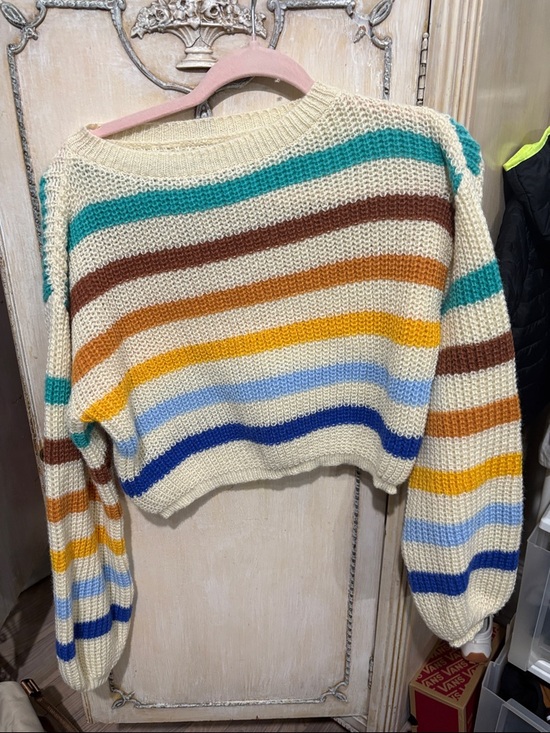 Sweaters - Cream Striped Cropped Sweater with Multicolor Stripes